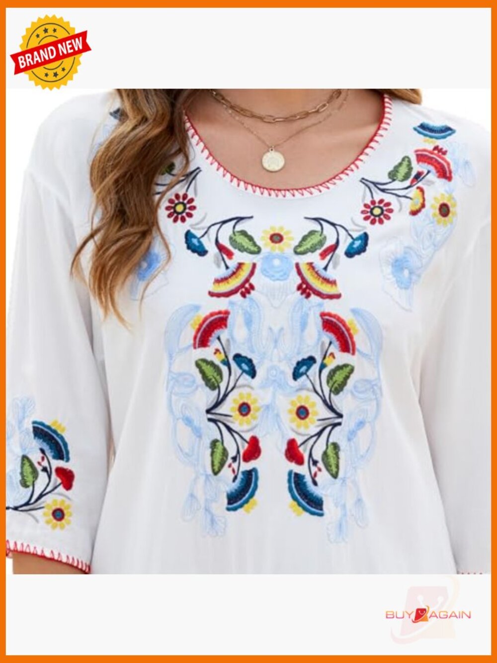 Women's Embroidered Cotton Peasant Top 3/4 Sleeve Loose Fit Bohemian Tunic - Picture 3 of 6